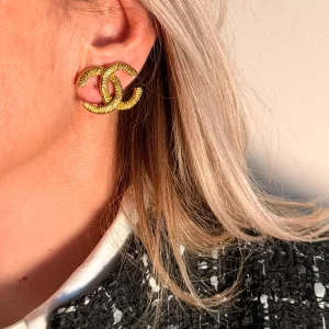 Chanel Vintage Hammered CC Logo Earrings Gold-Plated