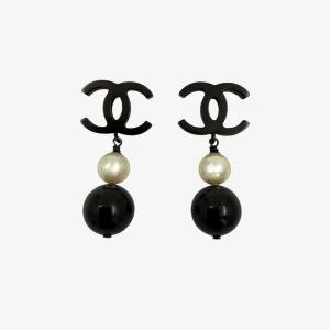 Chanel CC Pearl Black Bead Drop Earrings (2014)