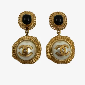Chanel Gold Black Resin Earrings with White Pearl (2020)