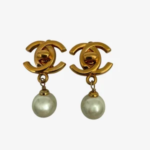 Chanel Vintage Turnlock Pearl Drop Earrings Gold-Plated (1997)