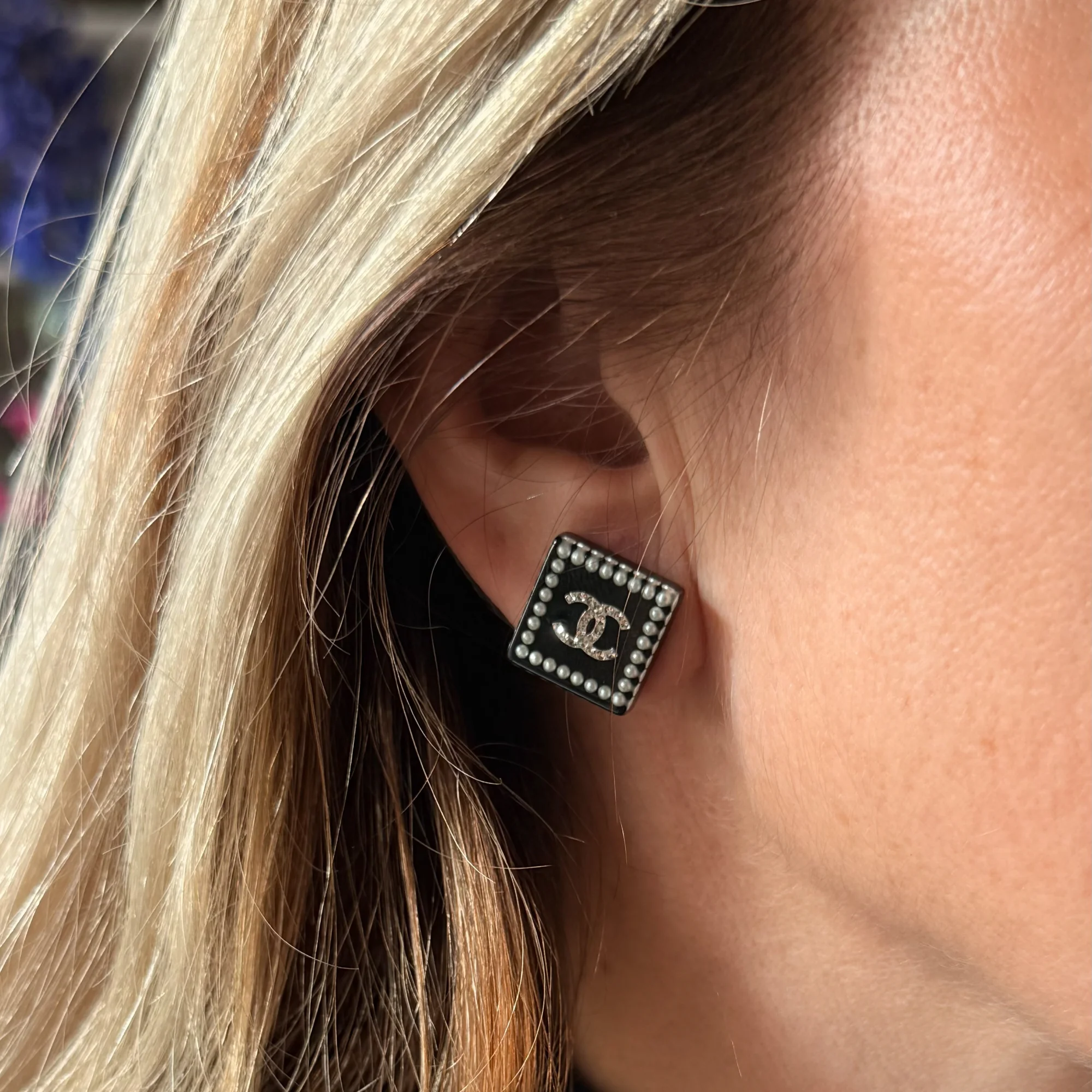 Chanel CC Square Earrings Black & Pearl (2014)