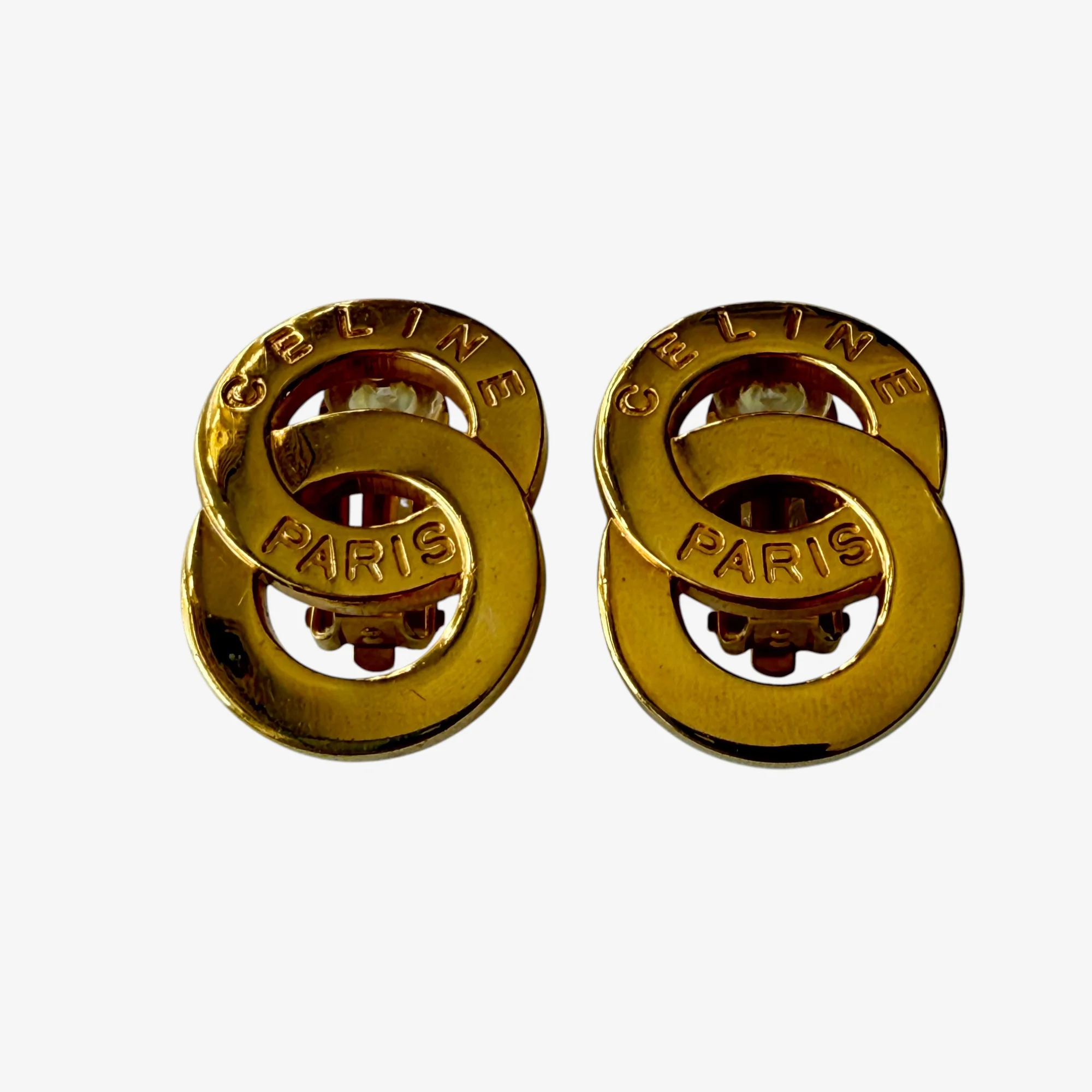 CELINE Vintage Double Round Logo Clip-On Earrings Gold-Tone - Image 2